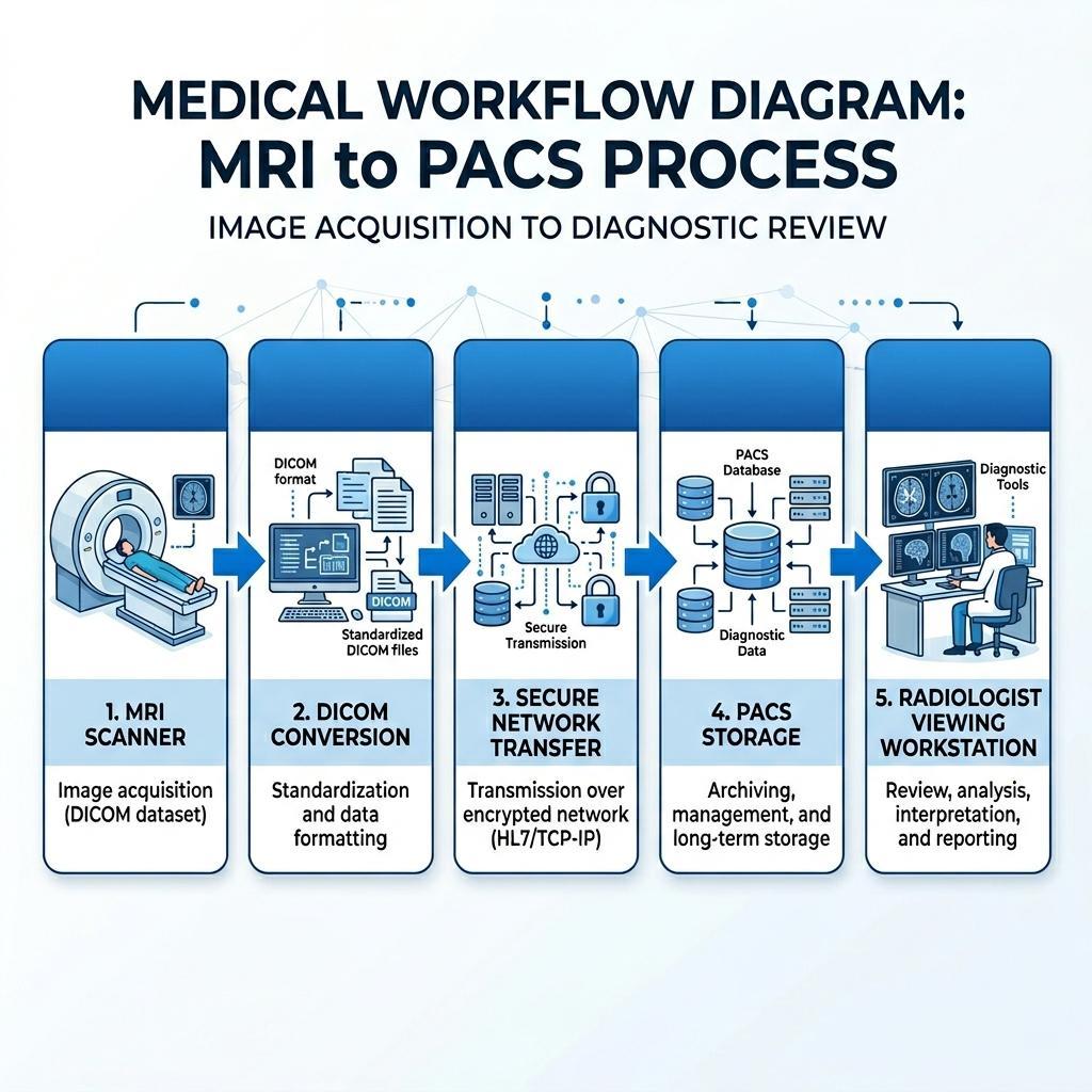 MRI to PACS workflow diagram showing DICOM conversion and image transfer process - PostDICOM